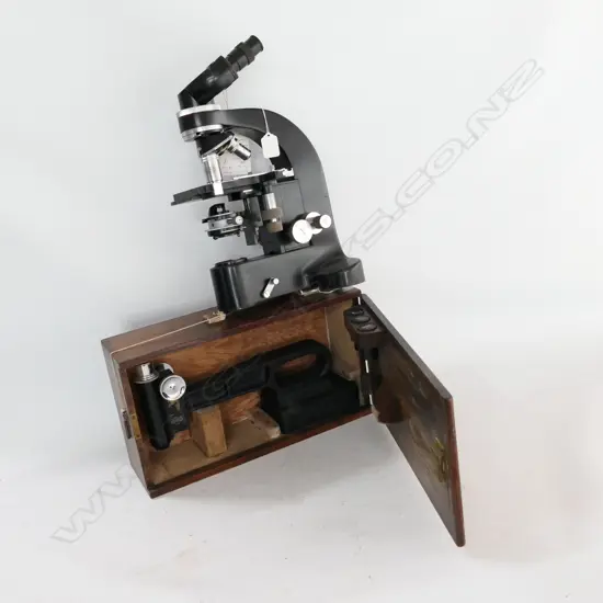 LEITZ BINOCULAR MICROSCOPE (AS-IS) & MICROSCOPE ON CAST STEEL COUNTERBALANCE LIMB (AS-IS)